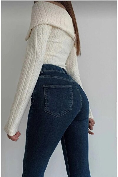 MAKRAS EXCLUSIVE Kadın Lacivert Süper Yüksek Bel Likralı Flare Ispanyol Kot Pantalon Jeans