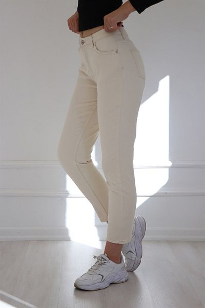 LİMABEL High Waist Lycra Beige Mom Jeans Lycra Flexible Jeans