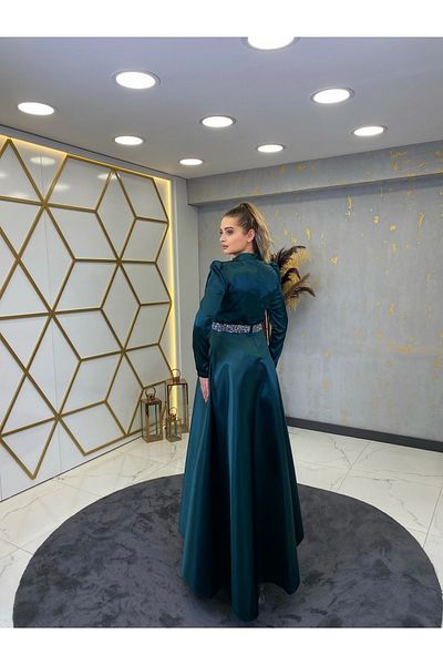 PİENNAR Βραδινό φόρεμα Suna Hijab με πέτρινο ζωνάκι Petrol
