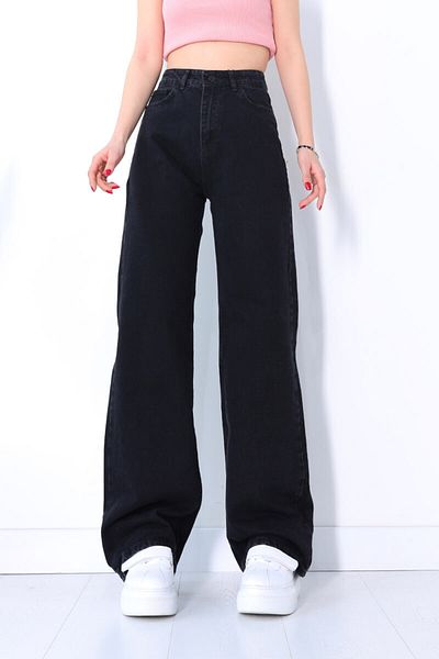 Trn JNS Woody Black Colorfast Palazzo Power Lycra Γυναικείο ψηλόμεσο τζιν παντελόνι με φαρδύ πόδι