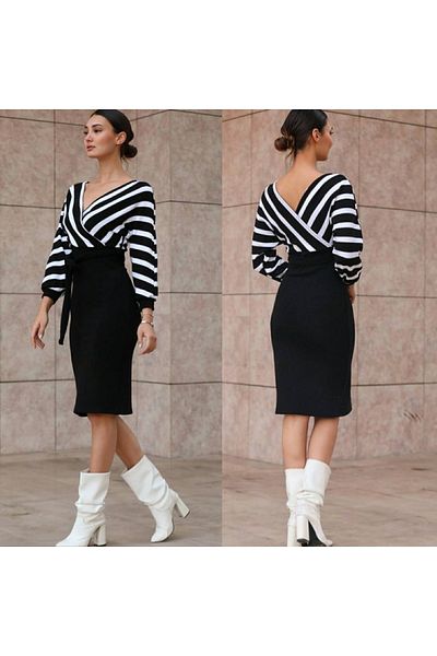merlavin Rochie de damă alb-negru, cu model în dungi, cu guler dublu, lungime midi, tricotaj