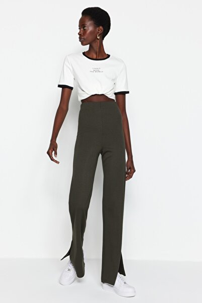 Trendyol Collection Khaki boční rozparky Flare/španělská noha Pletené kalhoty s vysokým pasem TWOSS23PL00134