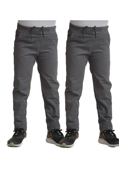 FATELLA Unisex 2-pack Children's Comfortable Ribbed Waist Canvas Linen School Performance Trousers 2 Pieces