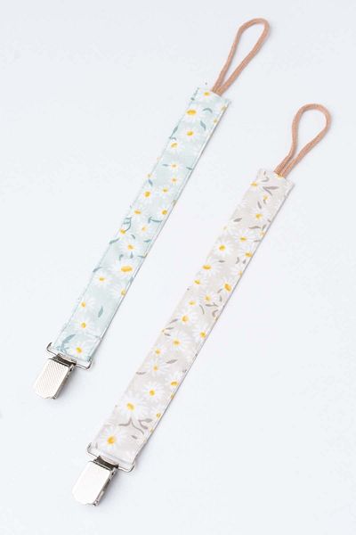MyVera Green Daisy - Mink Daisy Pacifier Strap Set - Pacifier Chain Set of 2 - 100% Cotton Fabric