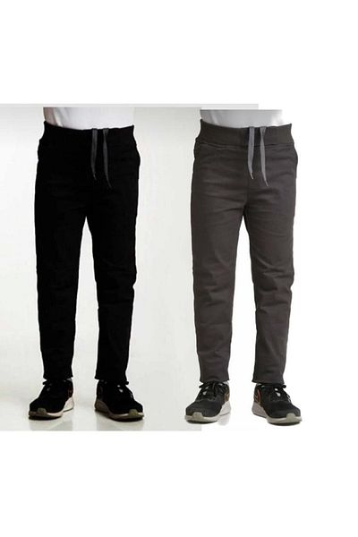 FATELLA Unisex 2-pack Children's Comfortable Ribbed Waist Canvas Linen School Performance Trousers 2 Pieces
