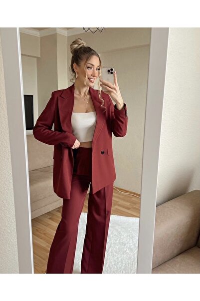 cn novembersun Women's Burgundy Blazer Jacket Pants Set