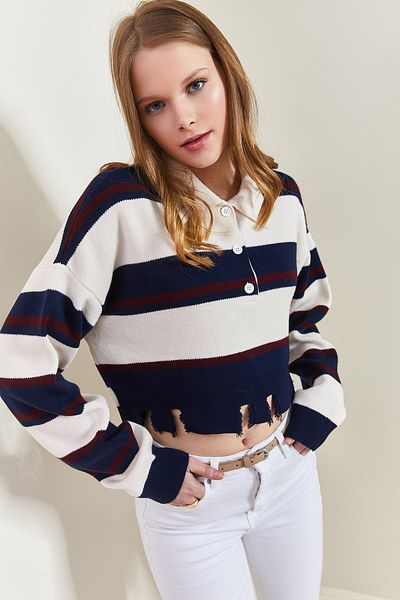 Bianco Lucci Women's Polo Neck Ripped Sweater