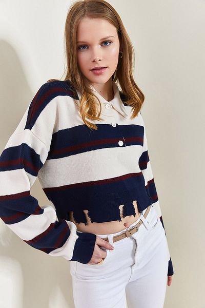 Bianco Lucci Women's Polo Neck Ripped Sweater