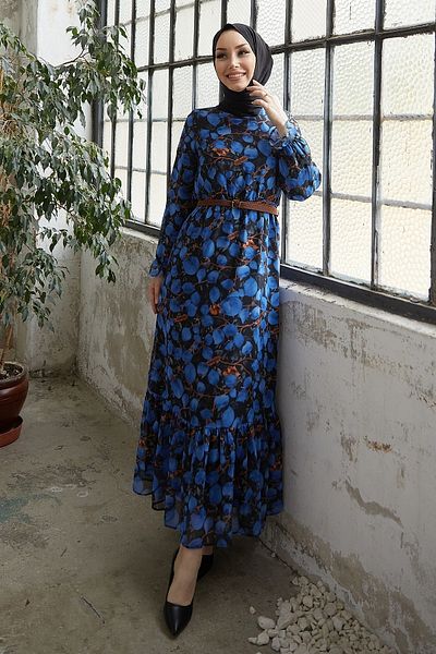InStyle Rochie din șifon cu curea cu modele picături - Albastru