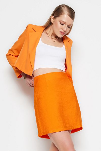 Trendyol Collection Narancssárga mini szőtt magas derekú lenvászon megjelenésű bélelt szoknya TWOSS23ET00008