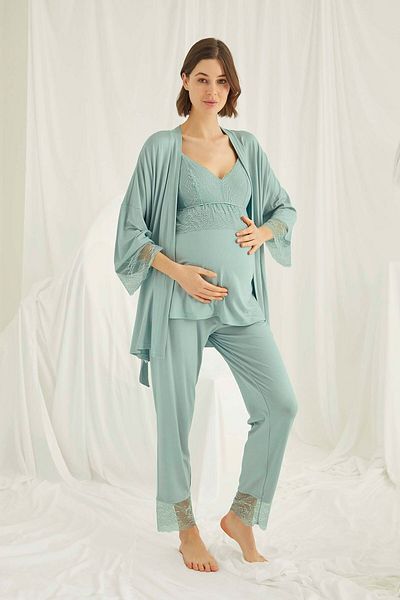 lohusahamile Green Maternity Pajama Set with Breastfeeding Feature and Dressing Gown Monamise 18469