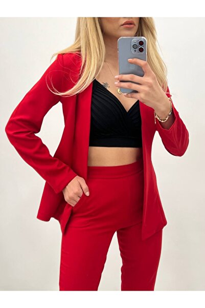 Esinty Kadın Kırmızı Atlas Kumaş Ceket Pantolon Takım (KIRMIZI)