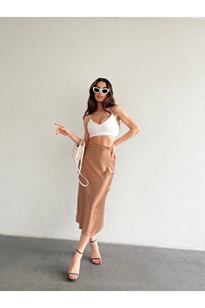 conconmoda Kadın Saten Yırtmaçlı Midi Boy Etek