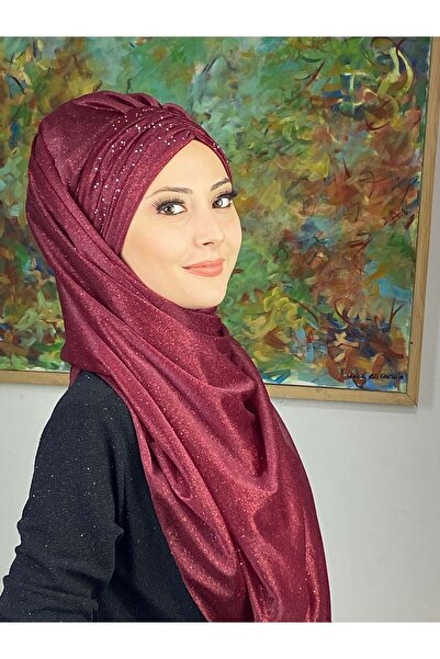 BUTİKAMBAR Sultan Model Bordo Simli Şifon Büzgülü Şal