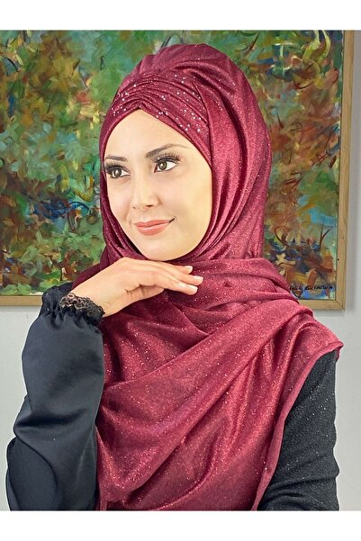 BUTİKAMBAR Sultan Model Bordo Simli Şifon Büzgülü Şal