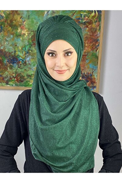 BUTİKAMBAR Saray Model Yakut Yeşili Simli Yan Drapeli Şal