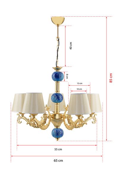 DEDE Five Armed Zamak Chandelier Gold Blue Tiled with Gold Hat