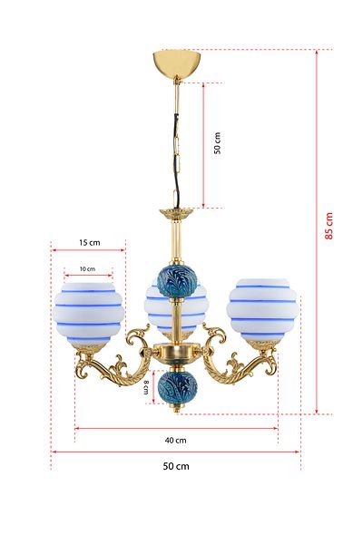 DEDE Three Armed Zamak Chandelier Gold Blue Tiled Blue Striped White Glass