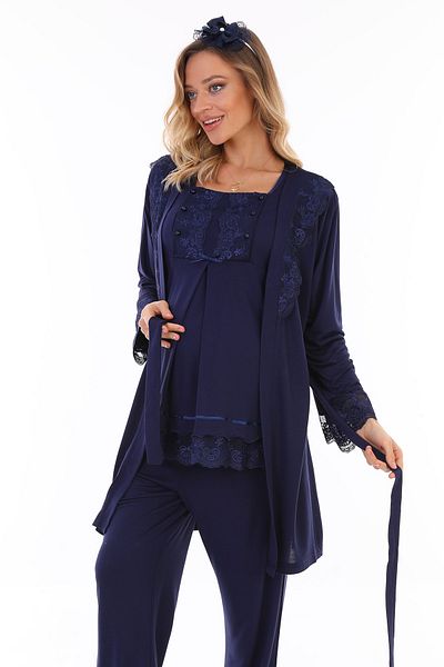 lohusahamile Navy Blue Maternity Pajamas Set with Breastfeeding Feature and Dressing Gown 3044