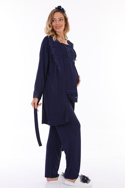 lohusahamile Navy Blue Maternity Pajamas Set with Breastfeeding Feature and Dressing Gown 3044