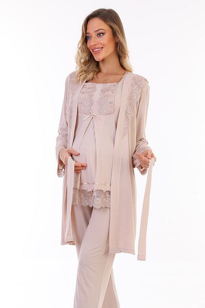 lohusahamile Beige Breastfeeding Featured Maternity Pajamas Set with Dressing Gown 3044