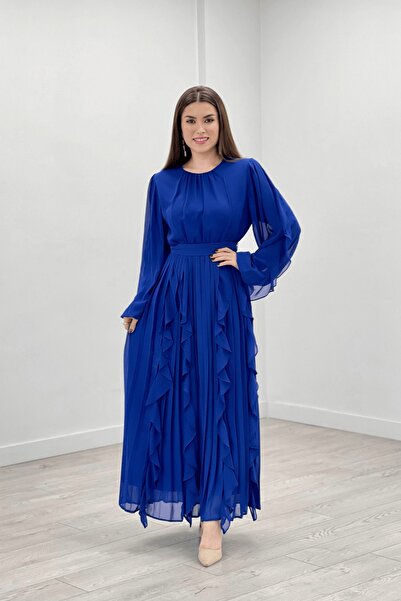 giyimmasalı Şifon Kumaş Volan Plise Detaylı Abiye Elbise - Saks Mavi
