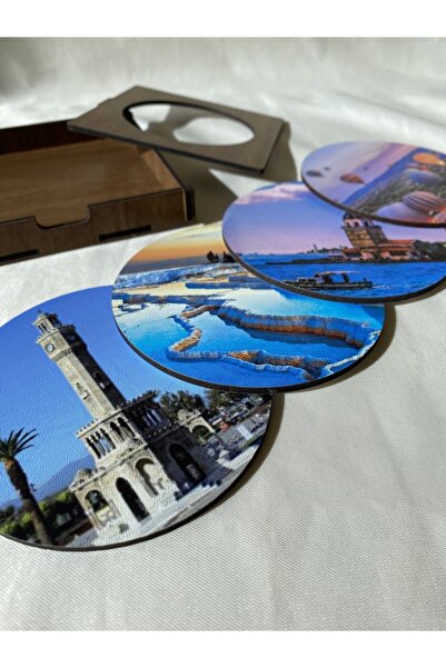 UNT مجموعة من 4 قواعد أكواب خشبية ذات مناظر طبيعية تركية