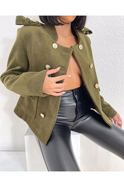 1Moda1Tarz Palton de damă kaki cu guler în picioare, cu buzunar, mâneci cu fe...