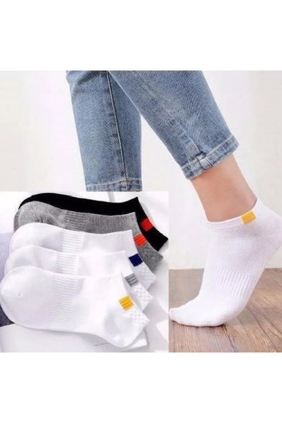 SBA SOCKS مجموعة من 5 جوارب للكاحل بيضاء منقوشة مربعة مرنة للجنسين