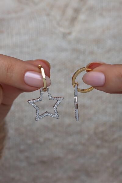 Nereze 925 Ayar Gümüş Çift Renk Zirkon Taşlı Sallantılı Yıldız Küpe