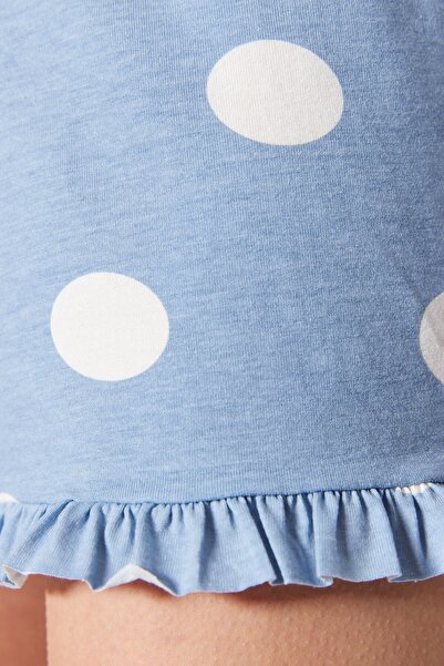 Trendyol Collection Modrá 100% bavlna s puntíky a srdíčkovým vzorovaným volánem s detailním pleteným overalem THMSS23TU00003