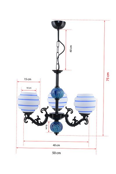DEDE Three Arm Zamak Chandelier Black Blue Striped White Glass Blue Tiled