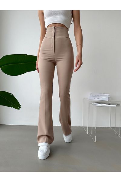 AÈC PRIVÈ Women's Mink Color, Slim Fit Ornamental Pocket, Extra High Waist Flared Leg Gathering Trousers