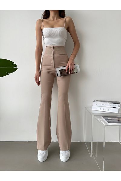 AÈC PRIVÈ Women's Mink Color, Slim Fit Ornamental Pocket, Extra High Waist Flared Leg Gathering Trousers