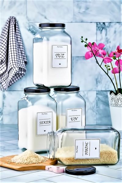 FBZhome منظم مطبخ مزخرف مكون من 4 قطع ملح وسكر ودقيق وأرز برطمان تخزين زجاجي (3000 سم مكعب)