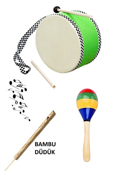AyasEğiticiOyuncak Askılı Küçük Davul - Ahşap Düdük - Ahşap Marakas Kargo Dahil