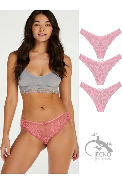 GECKO COLLECTION Gecko Brazilian Lace Γυναικείο Σλιπ Νέον Ροζ 3 τεμαχίων