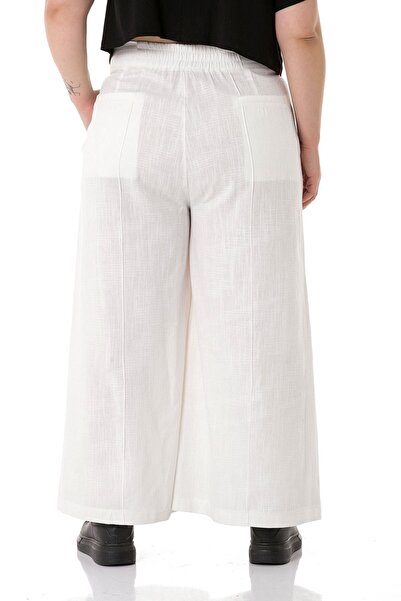 DISENTIS MODEST Large Size Ribbed Stitched Pocket Zippered Wide Leg Linen White Trousers