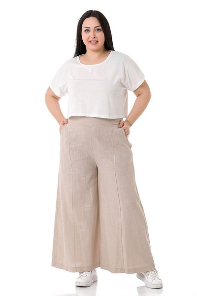 DISENTIS MODEST Large Size Ribbed Stitched Pocket Zippered Wide Leg Linen Beige Trousers
