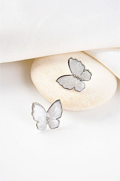 EUROMODA Silver Colored Earrings with Pearlescent Butterfly Design