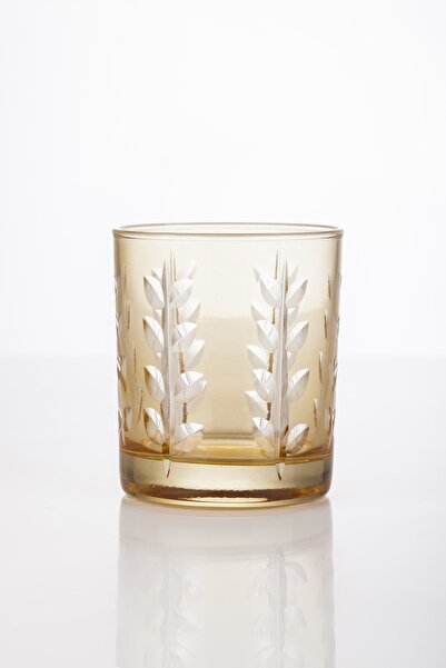 Missi Amber Kristal Yaprak Kesme Orta Boy Cam Bardak Mumluk Ve Tealight Seti