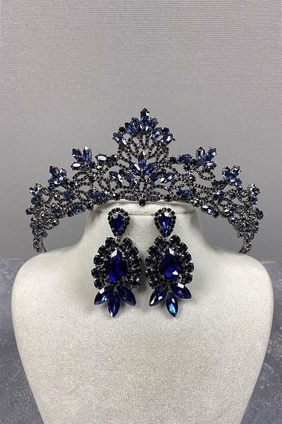 Hobigram Set de cercei cu coroană de mireasă și piatră de navetă triplă Melissa albastru bleumarin – Coroană, piatră de cristal, model elegant –