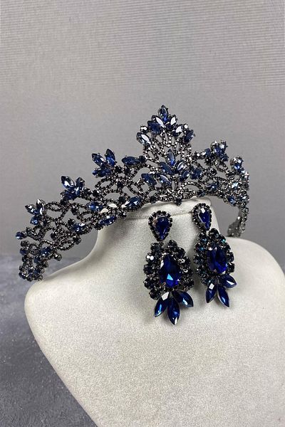 Hobigram Set de cercei cu coroană de mireasă și piatră de navetă triplă Melissa albastru bleumarin – Coroană, piatră de cristal, model elegant –
