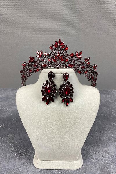 Hobigram Set de coroană de mireasă și cercei cu pietre triple Melissa Model Burgundy – Coroană, Crystal Stone, Model elegant – Coroană