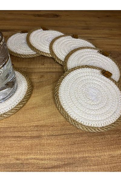 AYŞE SERHOŞOĞLU HOME DESİGN 6 Pieces Coasters, Candle Coasters, Jute Wicker Presentation Coasters, Wicker Table Decor, Machine Stitched