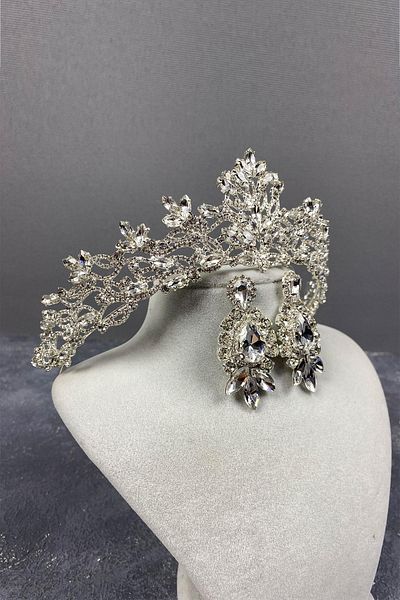 Hobigram Set de coroană de mireasă și cercei cu pietre prețioase Melissa Model Silver – Coroană, Crystal Stone, Model elegant – Coroană