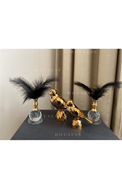 Housess 2'li Kuş Biblo Süs Polyester Döküm Ve 2'li Kristal Tüylük