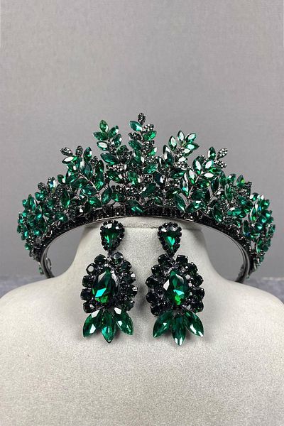 Hobigram Set de coroană de mireasă cu henna 3D și cercei cu trei pietre – Coroană, piatră de cristal – Coroană