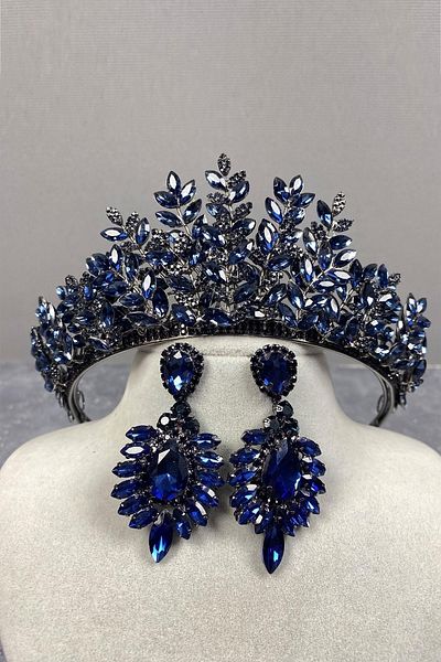 Hobigram Set de coroană de mireasă și cercei cu picătură Sezen Model 3D Henna albastru bleumarin – Coroană, piatră de cristal – Coroană
