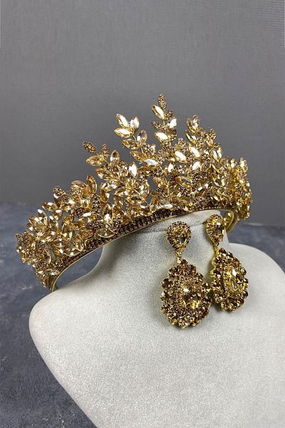 Hobigram Set de coroană de mireasă și cercei cu piatră de picătură Sezen Model 3D Henna – Coroană, piatră de cristal – T